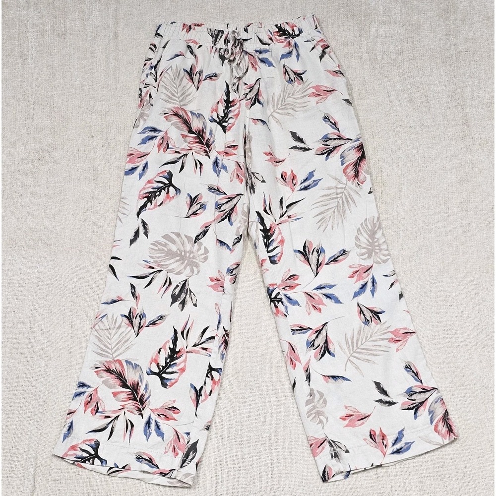 Briggs Pants Women's Medium Linen Blend Tropical Elastic Waist Pull On Relaxed